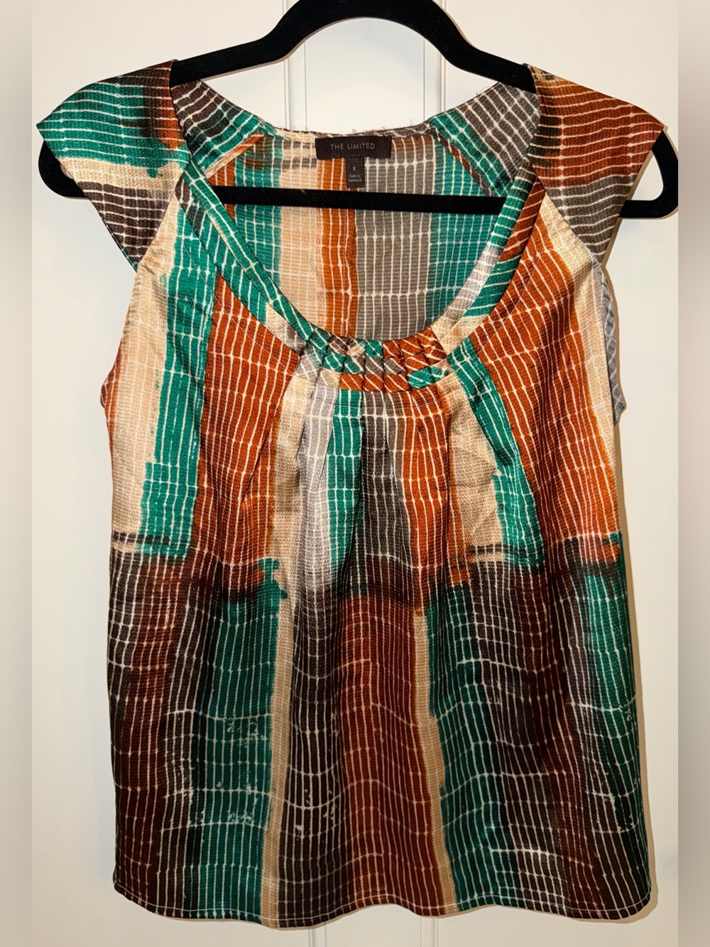 The Limited Teal, Brown & Cream Striped Cap-Sleeve Blouse